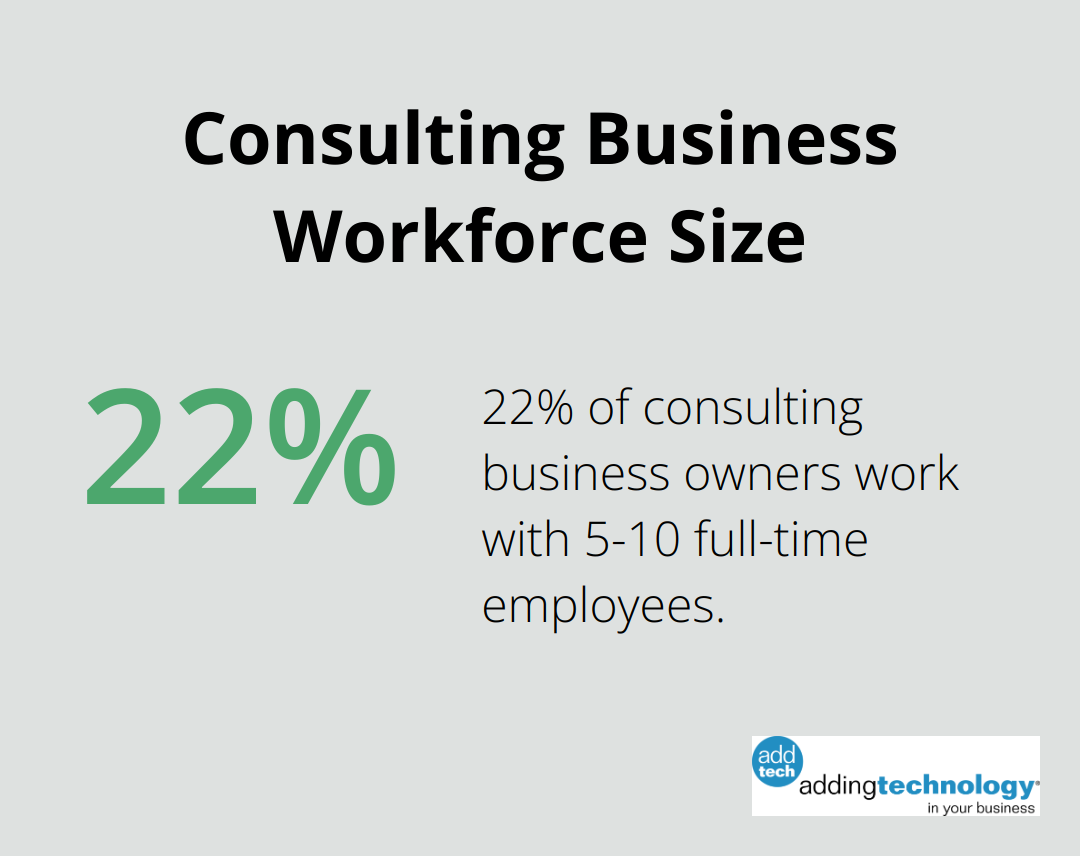 Pie chart showing 22% of consulting business owners work with 5-10 full-time employees