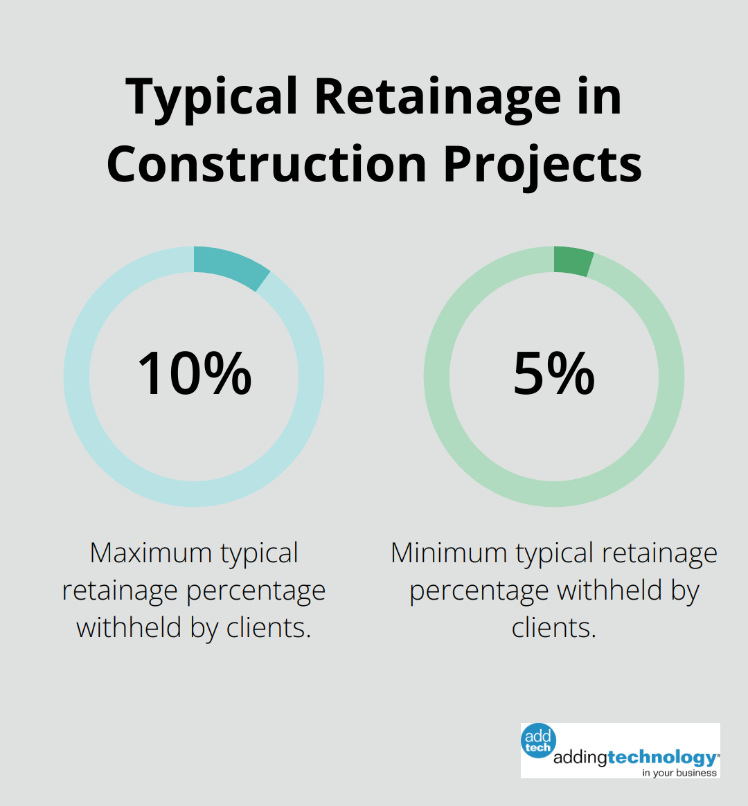 Pie chart showing typical retainage percentages in construction projects: 5% to 10% of the contract amount is withheld.