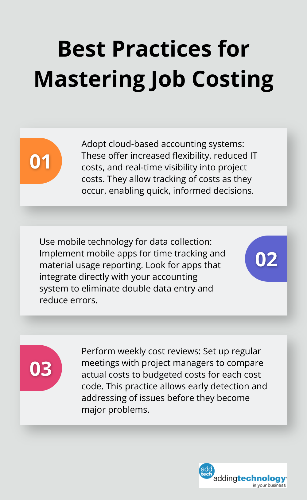 An ordered list chart showing five best practices for mastering job costing in construction