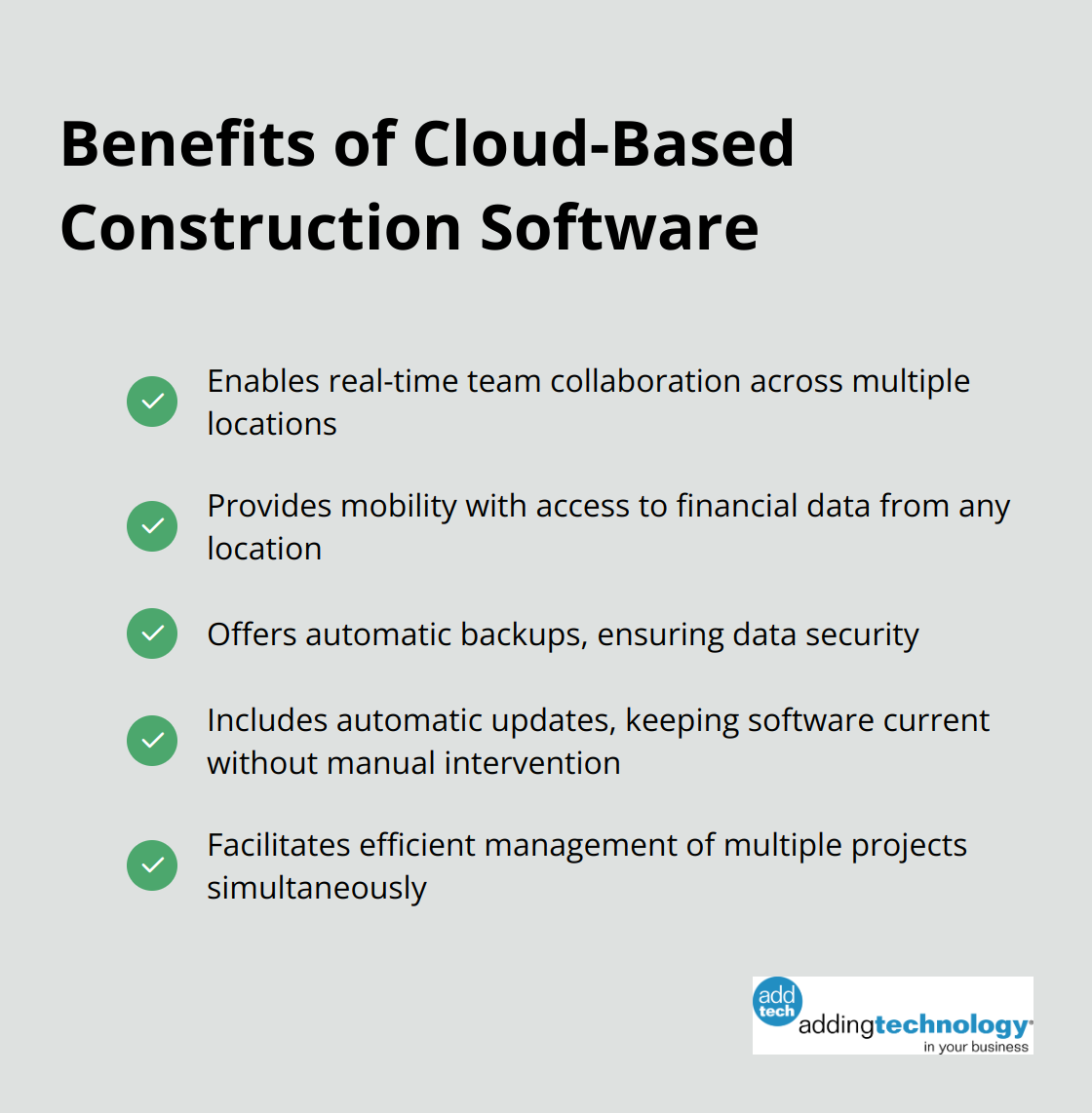 Checkmark list showing five key benefits of cloud-based construction software: real-time collaboration, mobility, automatic backups, automatic updates, and multi-project management - construction company accounting guide