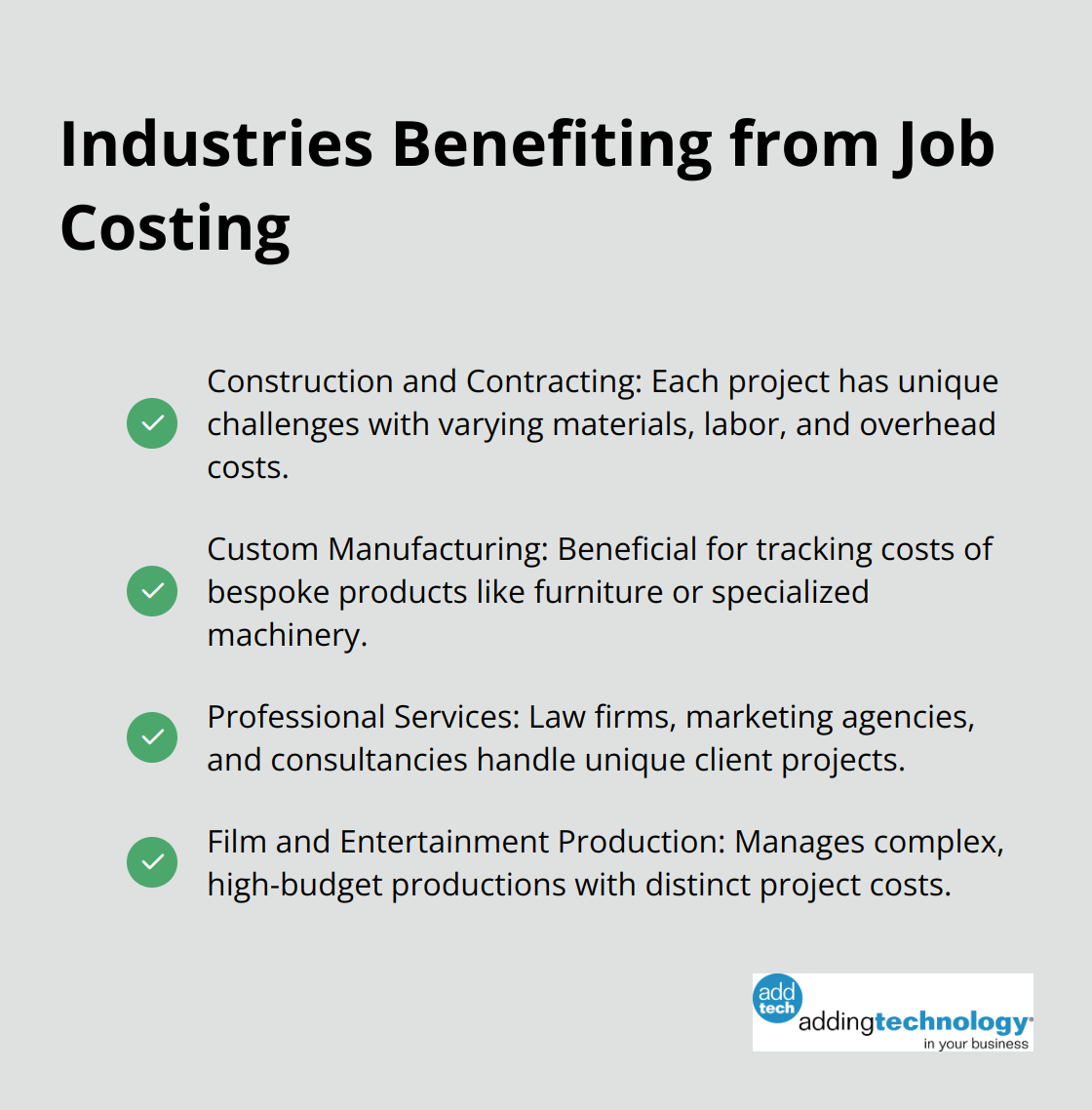Checkmark list of industries that benefit most from job costing, including construction, custom manufacturing, professional services, and film production. - when do you expect to apply job costing