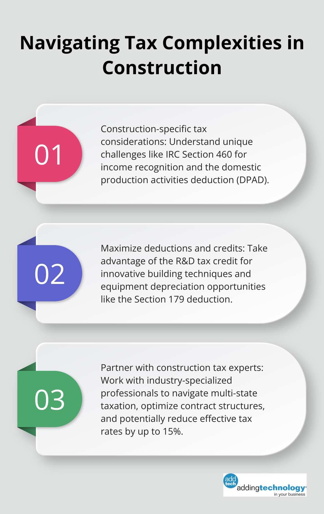 Three key aspects of navigating tax complexities in construction: Construction-specific tax considerations, maximizing deductions and credits, and partnering with construction tax experts - construction accounting and financial management