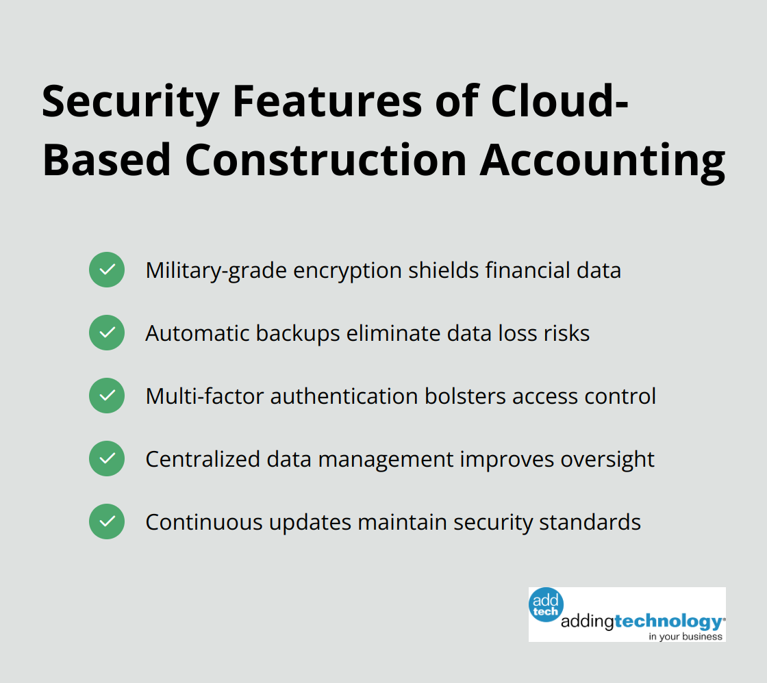 Checkmark list showcasing five key security features of cloud-based construction accounting software: military-grade encryption, automatic backups, multi-factor authentication, centralized data management, and continuous updates. - construction accounting software cloud