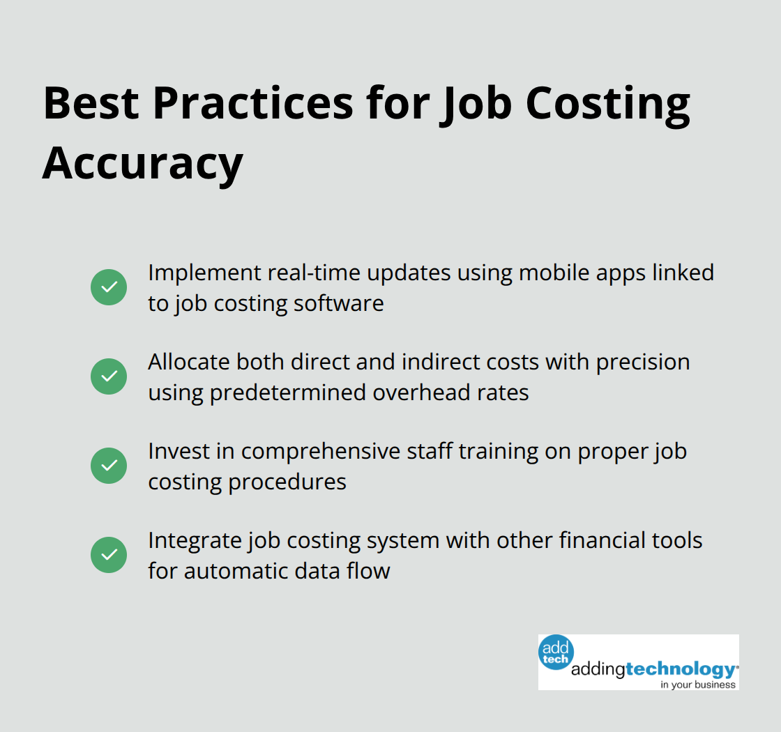 A checkmark list chart highlighting four best practices for ensuring job costing accuracy in construction projects. - example of job costing system