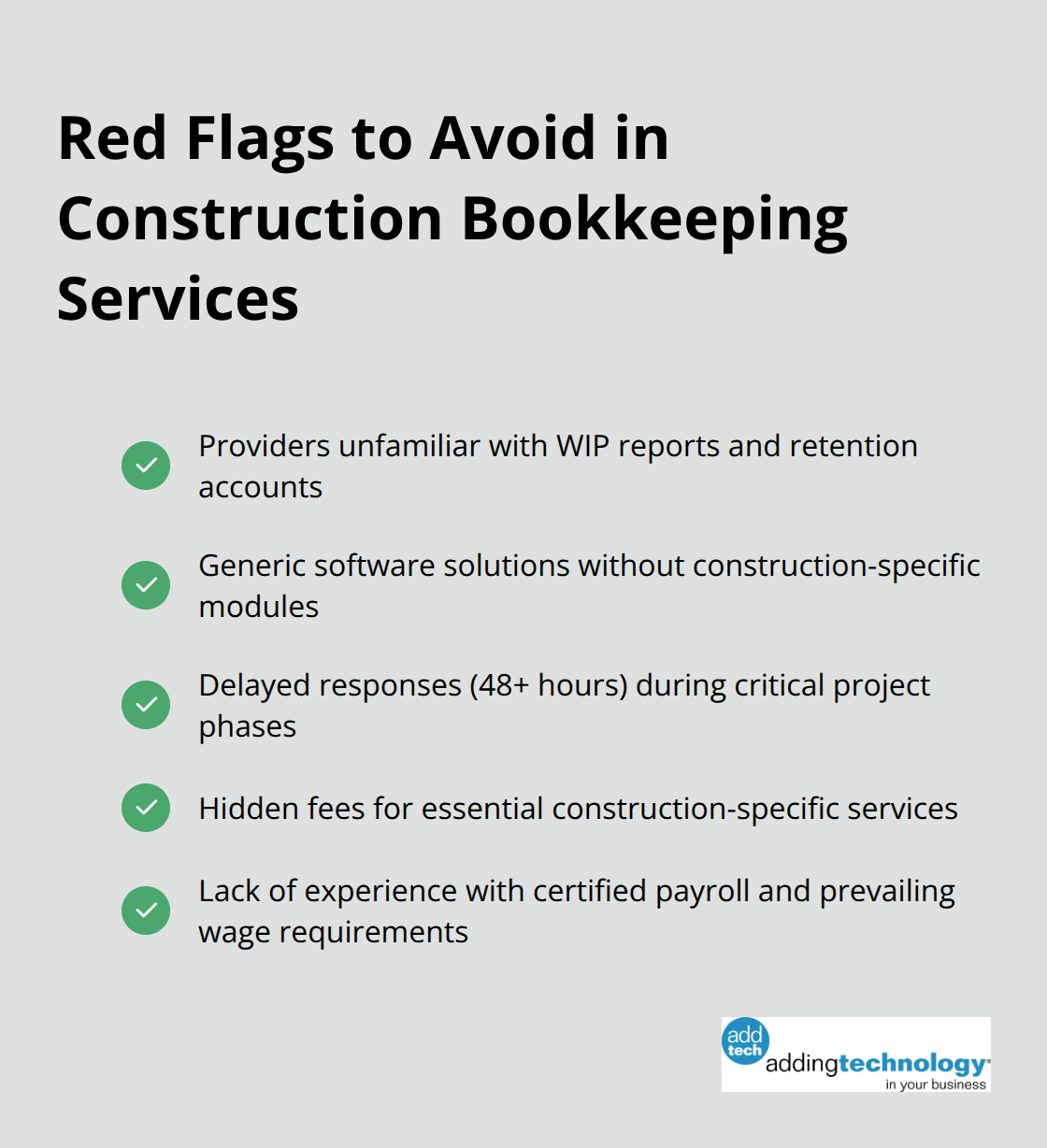 Checklist of red flags to avoid when selecting construction bookkeeping services