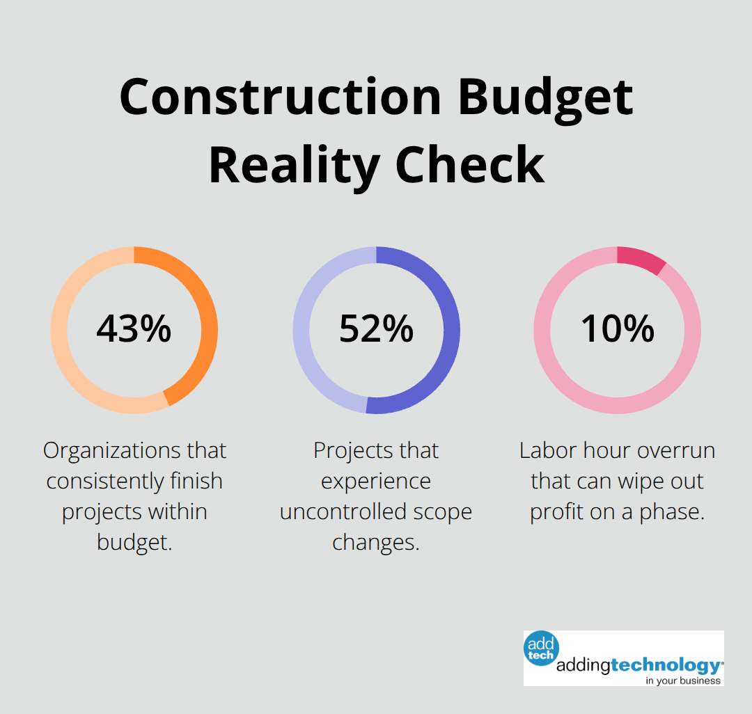 Key construction budget statistics highlighting on-budget rates, change incidence, and impact of labor overruns. - cost budget project management