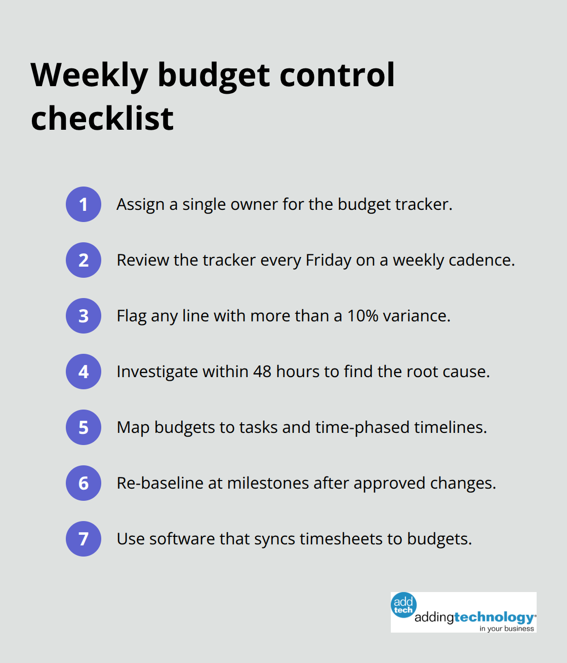 Compact checklist of weekly budget tracking actions for U.S. project teams