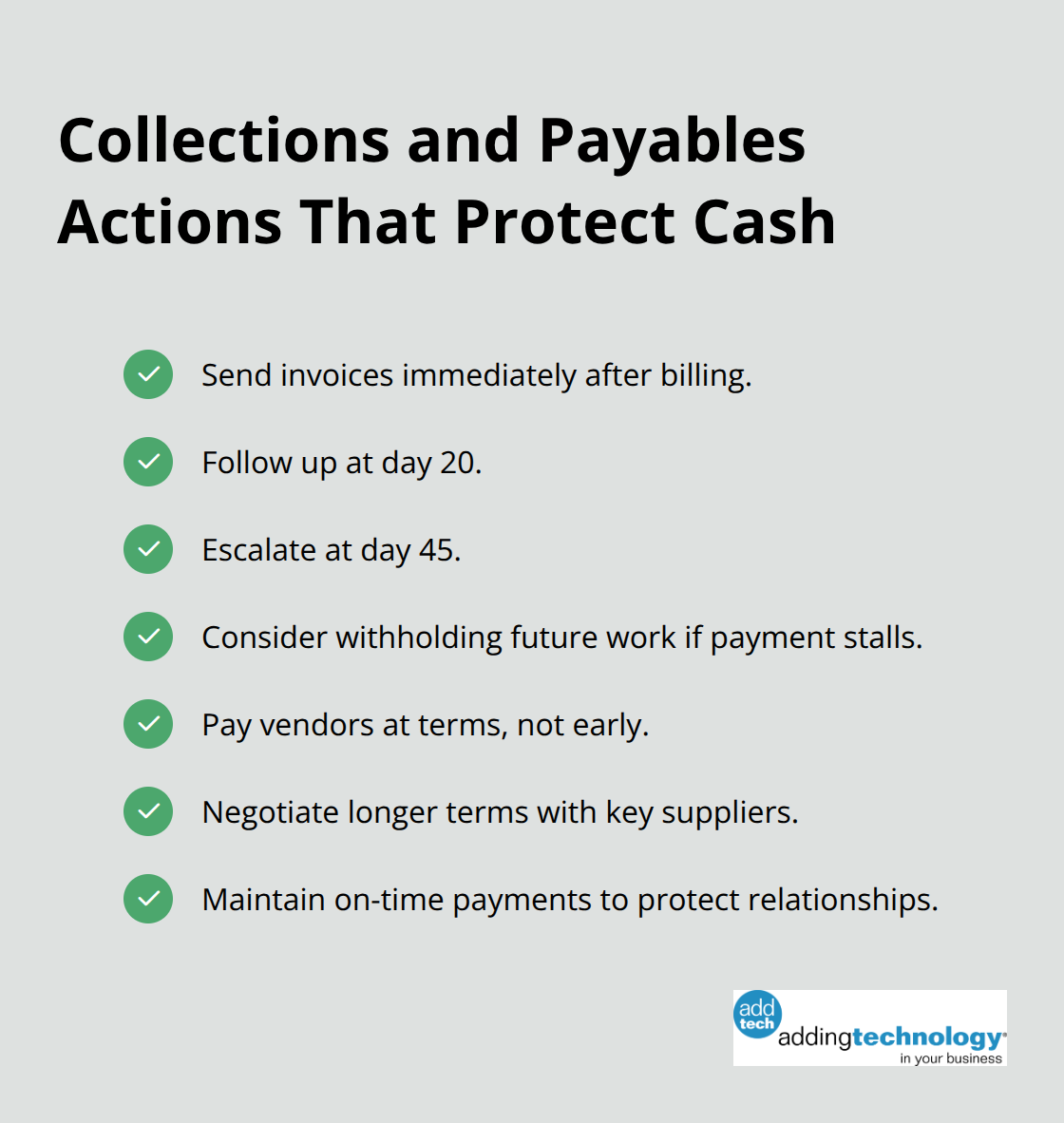 Checklist of steps to accelerate collections and manage payables timing for better cash flow - bid profitability optimization