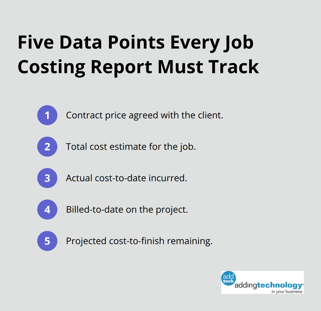 Compact list of the five essential job costing data points for contractors - construction accounting for small contractors