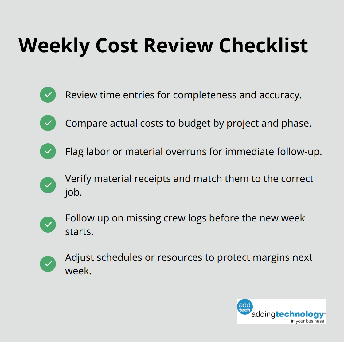 Compact checklist of actions for an effective weekly construction job cost review.