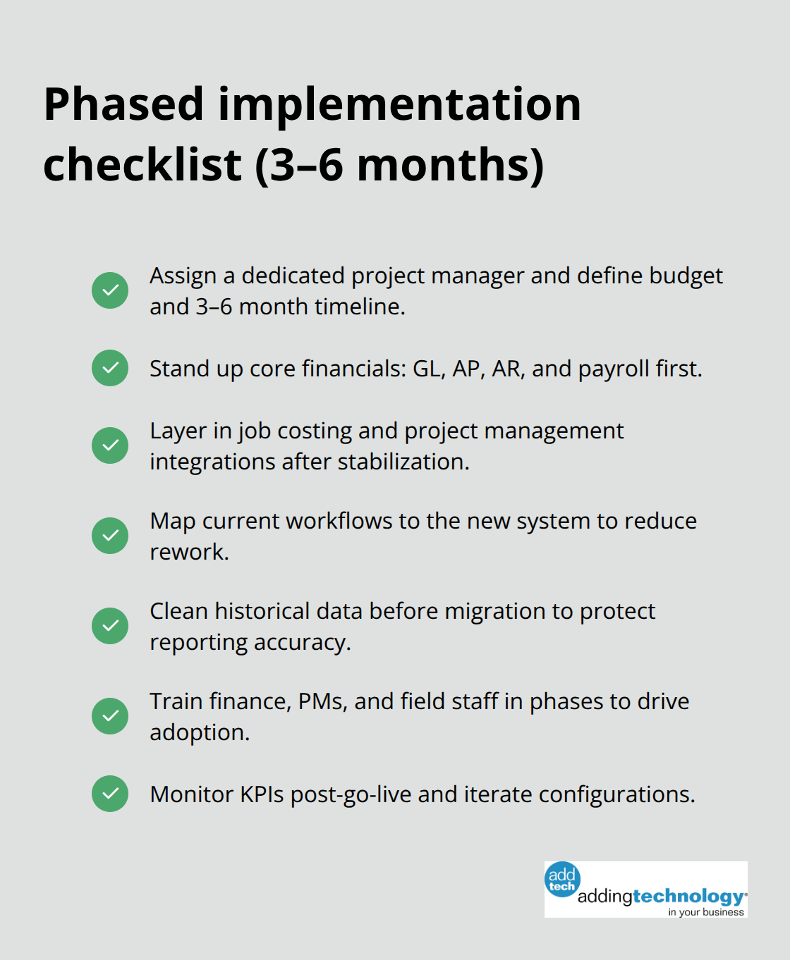 Checklist of phased steps to implement integrated construction accounting in the U.S.