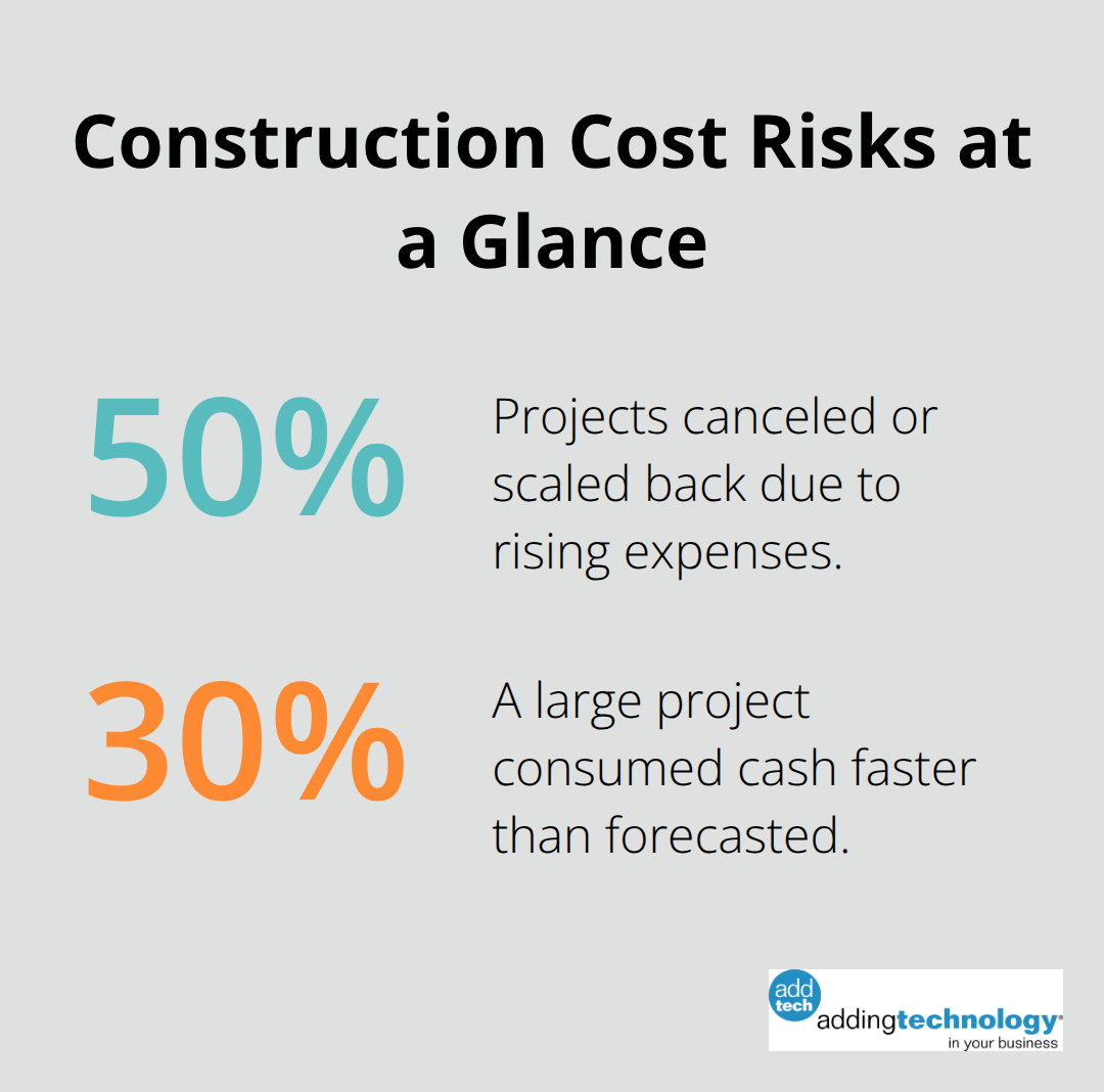 Infographic showing two key construction finance percentages: project cancellations/scale-backs and faster-than-forecast cash burn.