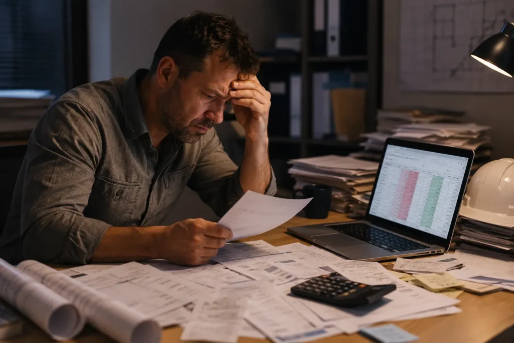 Construction business owner overwhelmed by disorganized invoices and job cost tracking challenges at an office desk