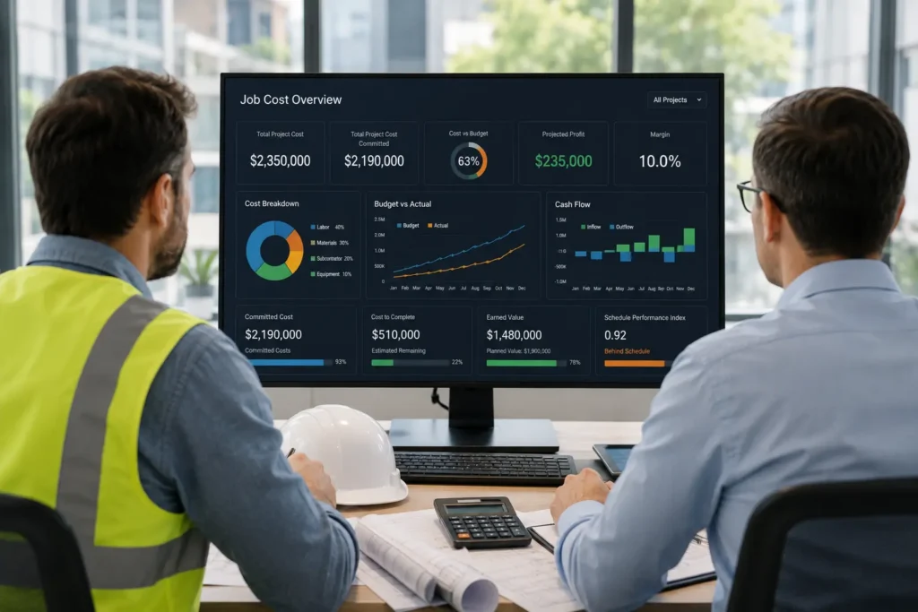 Construction manager and accountant reviewing real-time job cost data and project performance dashboards on a computer screen