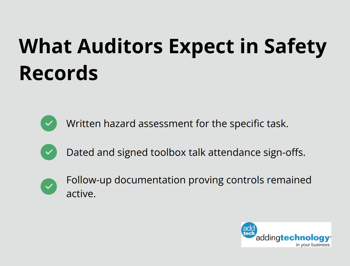 Checklist of required safety documentation elements auditors review in U.S. construction.