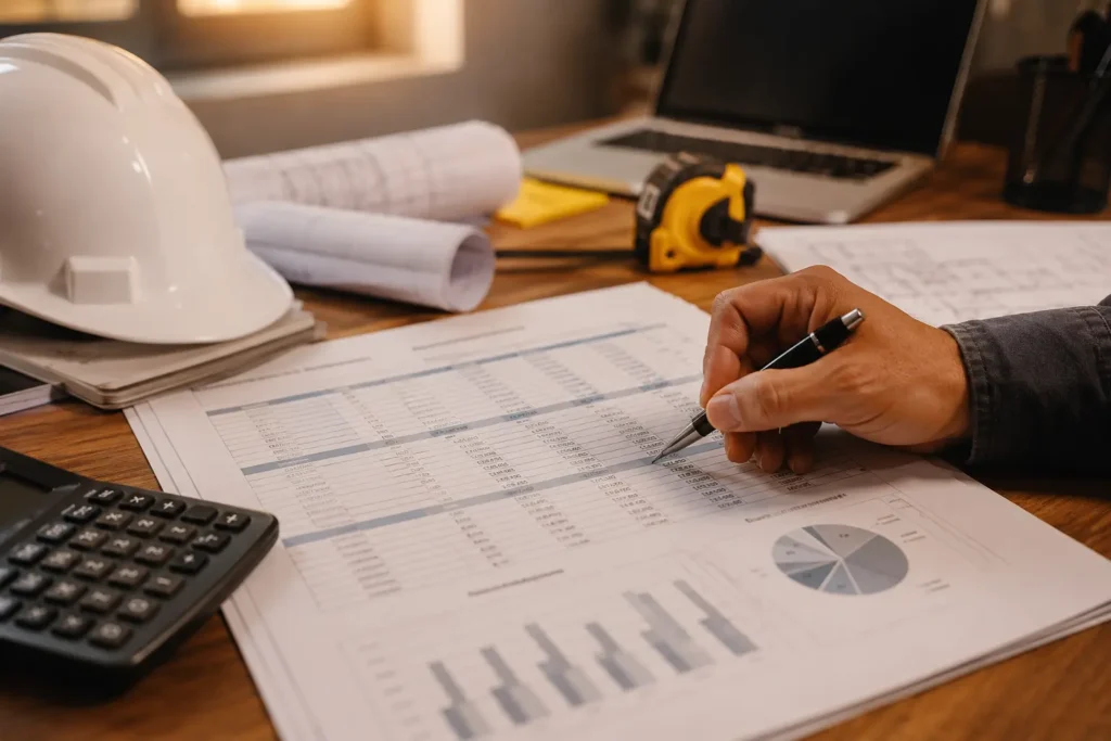 Contractor reviewing a detailed job cost breakdown report with blueprints and calculator on a worksite desk
