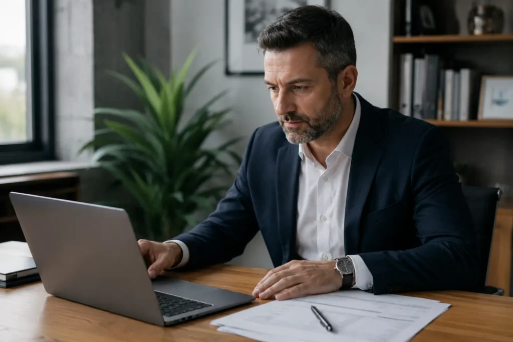 Business owner reviewing an out-of-state vendor invoice on a laptop that may trigger a use tax obligation