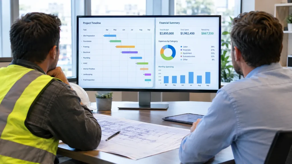 Construction manager and office professional reviewing an integrated accounting and project management software dashboard