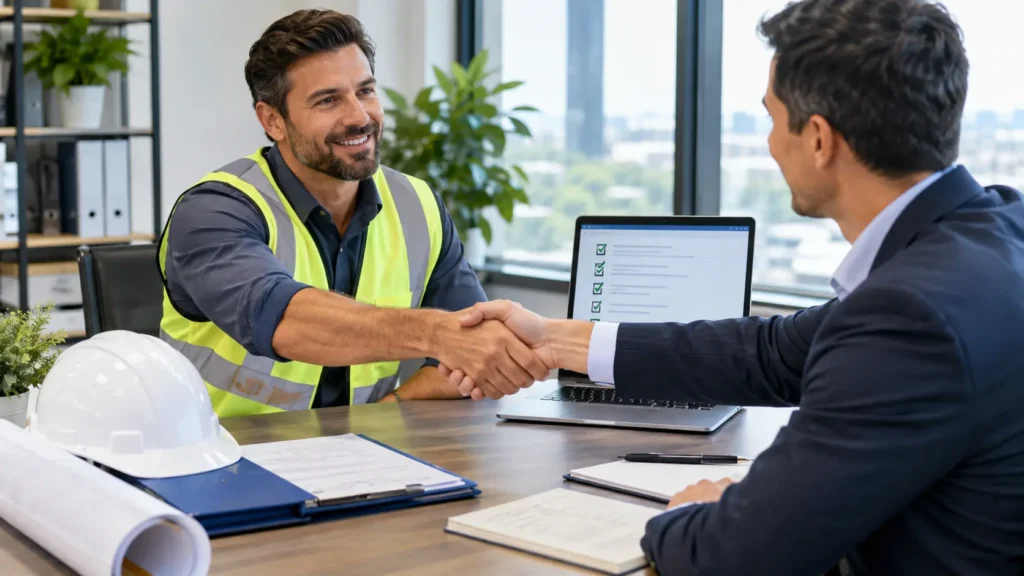 Construction business owner meeting with a technology consultant to plan the right software setup for their company