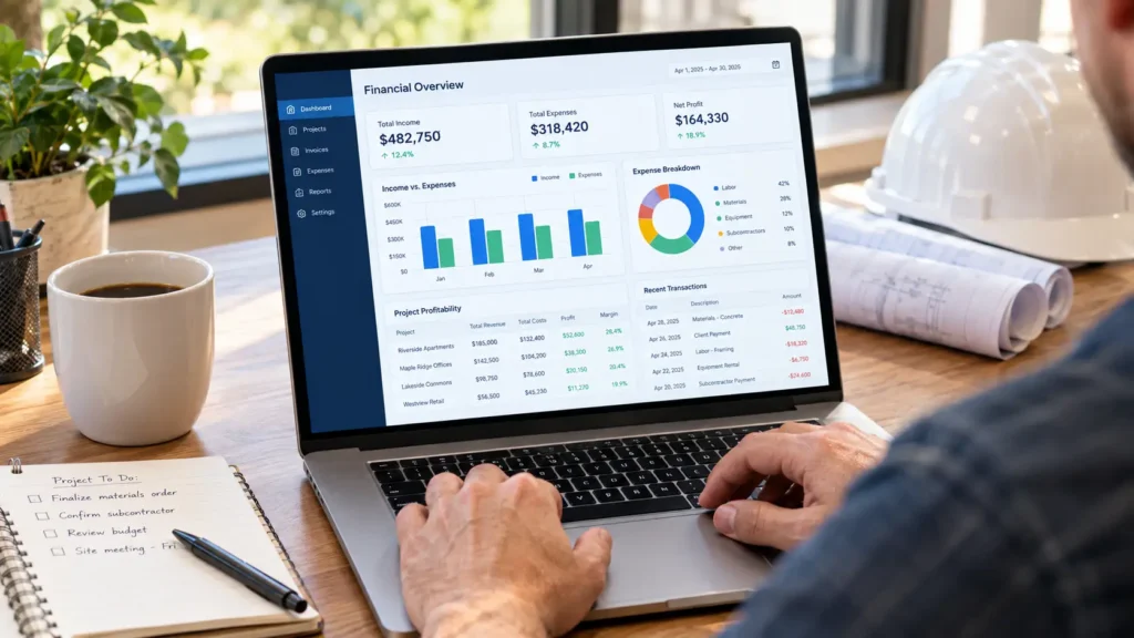 Contractor using accounting software on a laptop to track project income, expenses, and profitability reports